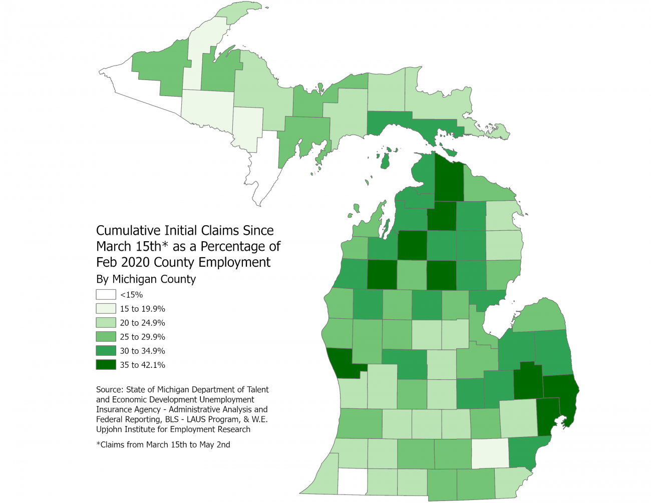 Michigan map of cumulative initial UI claims by county as share of employment