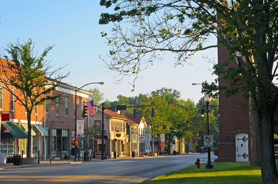 Sunrise on empty main street in Midwestern town