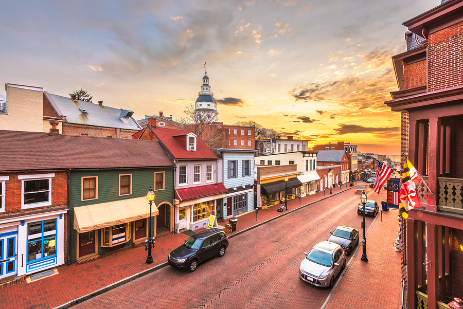 Main street of an American town, this one being Annapolis, MD