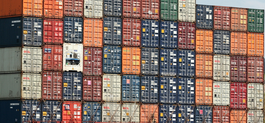 Stacked shipping containers, various