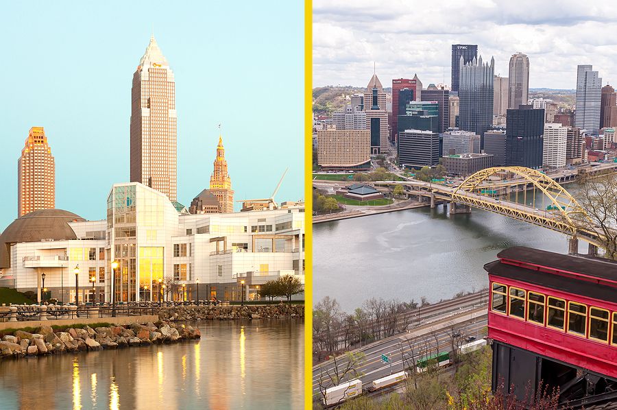 Split screen of cleveland and pittsburgh skylines