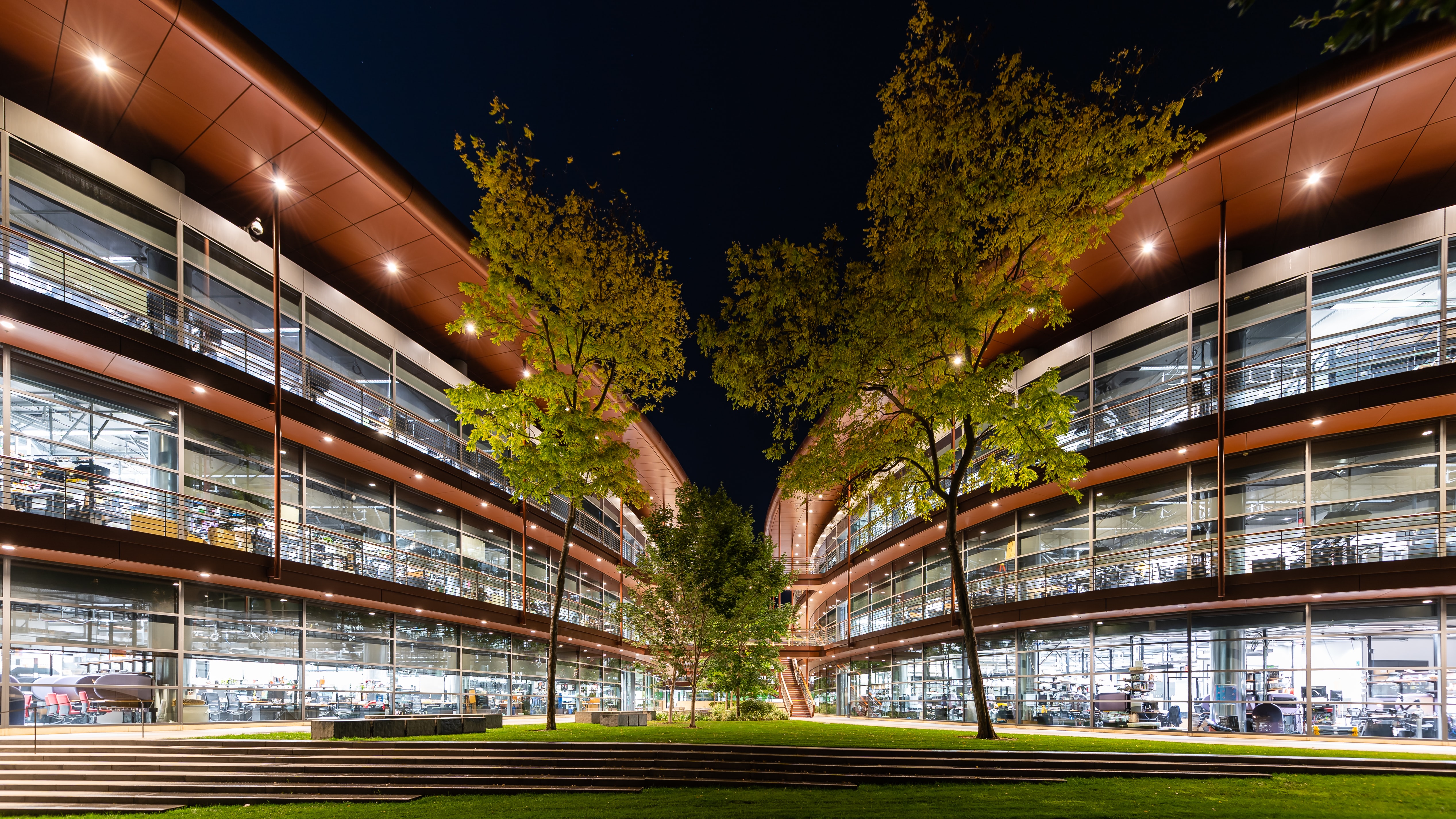 James H. Clark Center at Stanford University, exterior illuminated at night