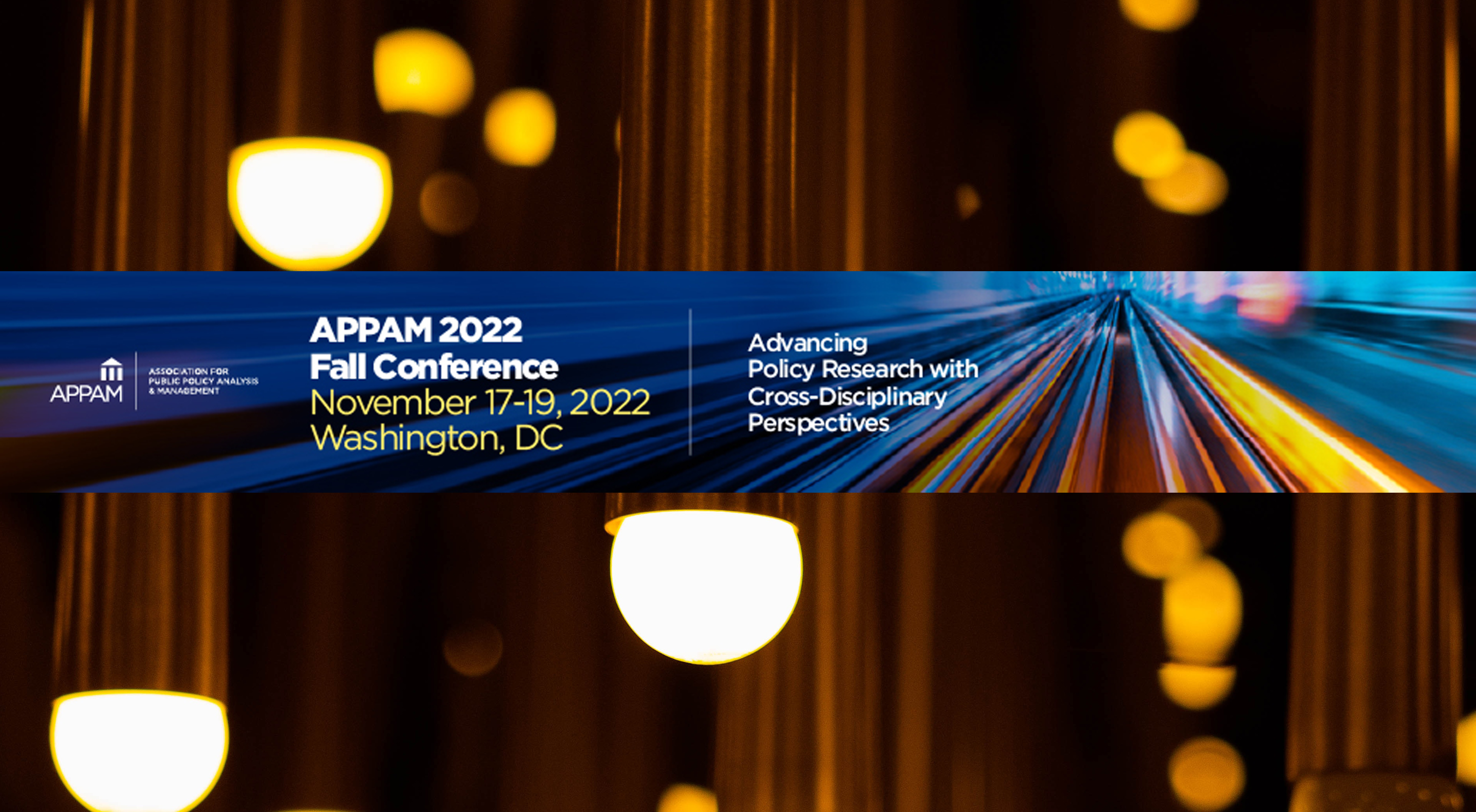 Banner for APPAM Fall Research Conference, over a background of a chandelier from the Washington Hilton hotel