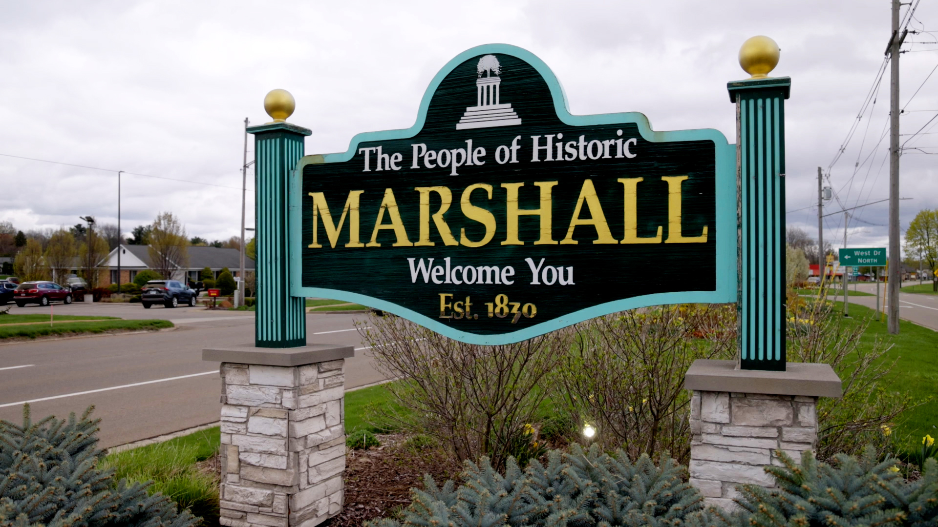 Welcome sign for Marshall, Michigan, which is near the proposed Ford battery megasite