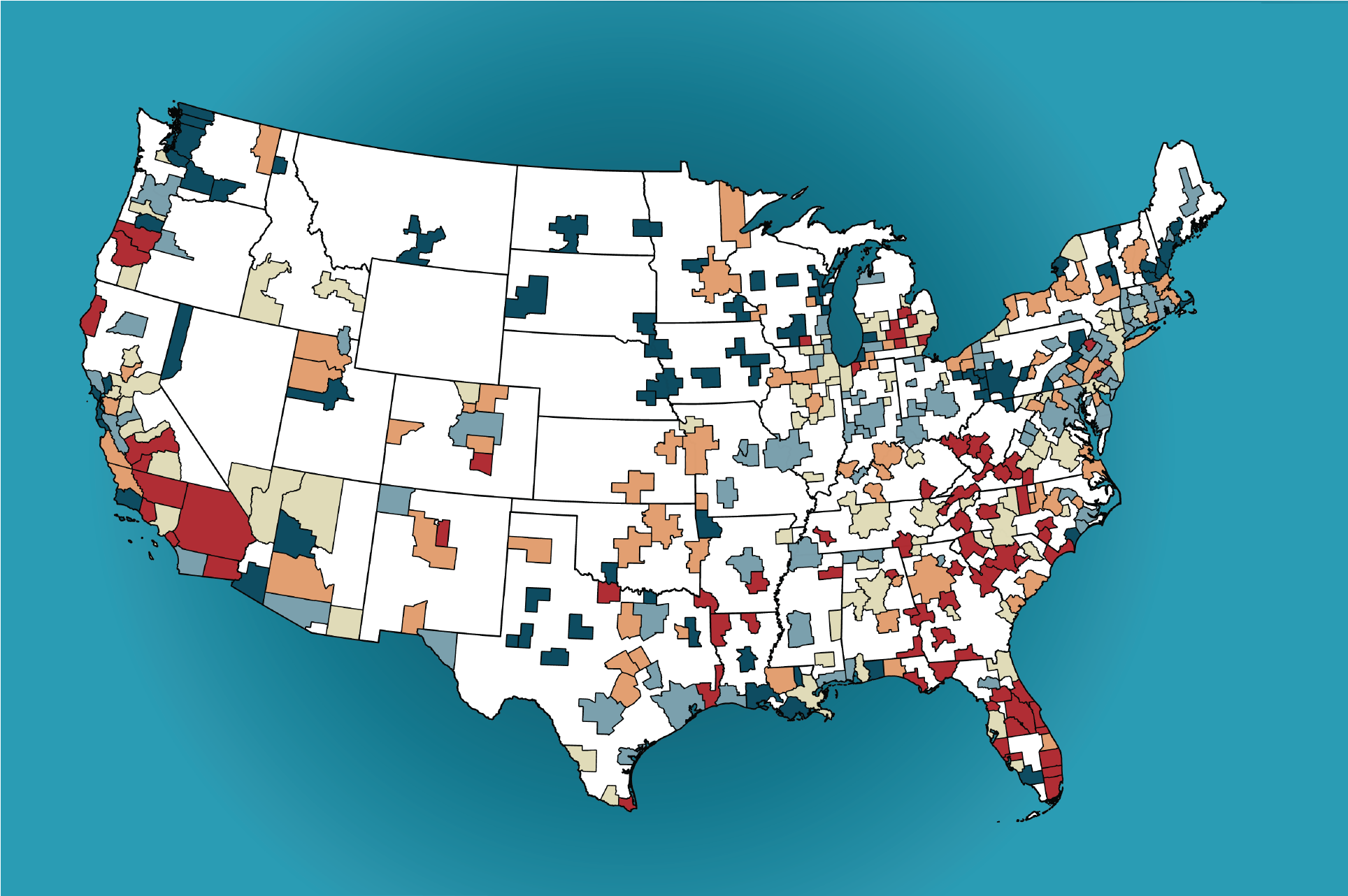 U.S. map, without Alaska and Hawaii, on teal background