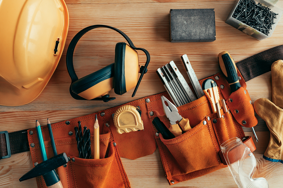 Handyman tool belt on workshop