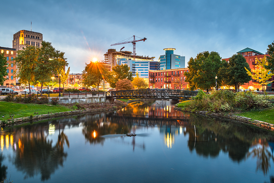 Wide shot of downtown Kalamazoo, Michigan, across Arcadia Creek