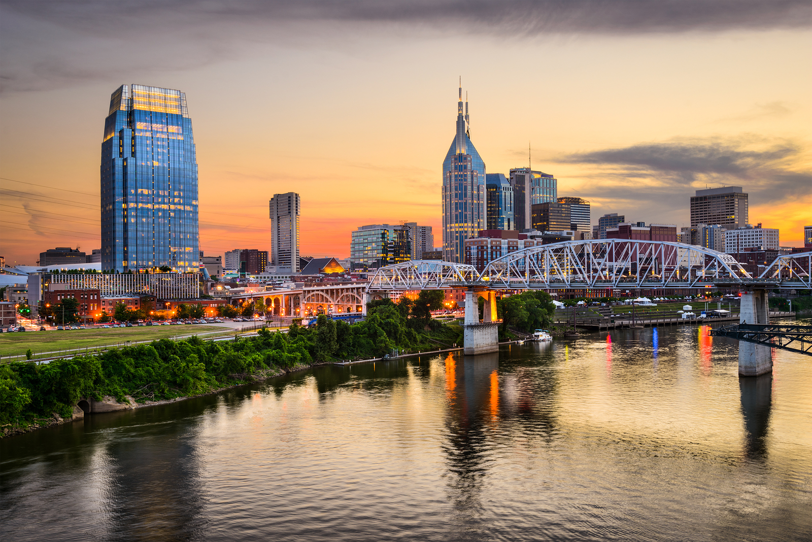 A river and skyline of a large city, or a pretty large one anyway. It's Nashville. 