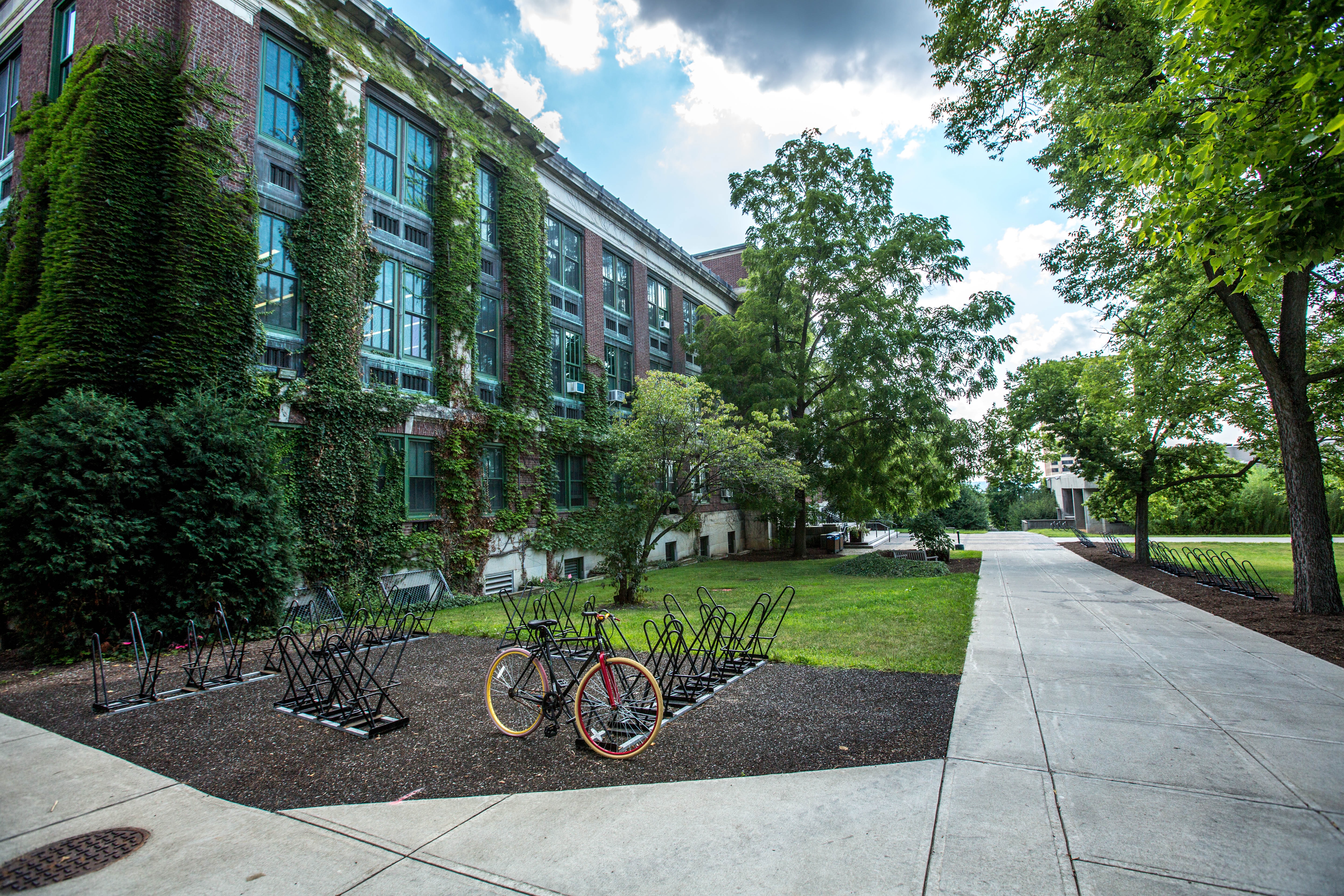College campus exterior, bike at rack. 