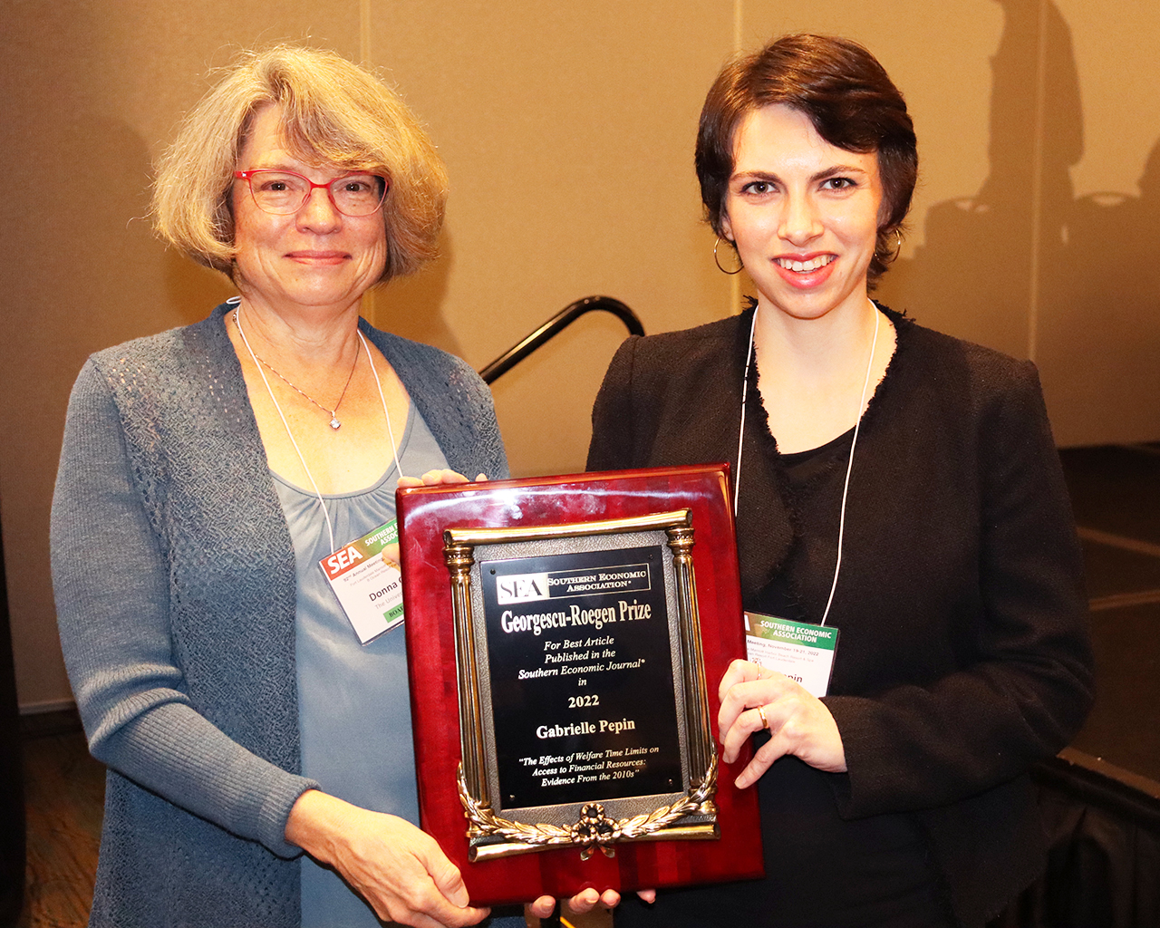 Gabrielle Pepin presented the 2022 Georgescu-Roegen Prize in Economics from Donna Ginther, chair of the SEA prize committee 