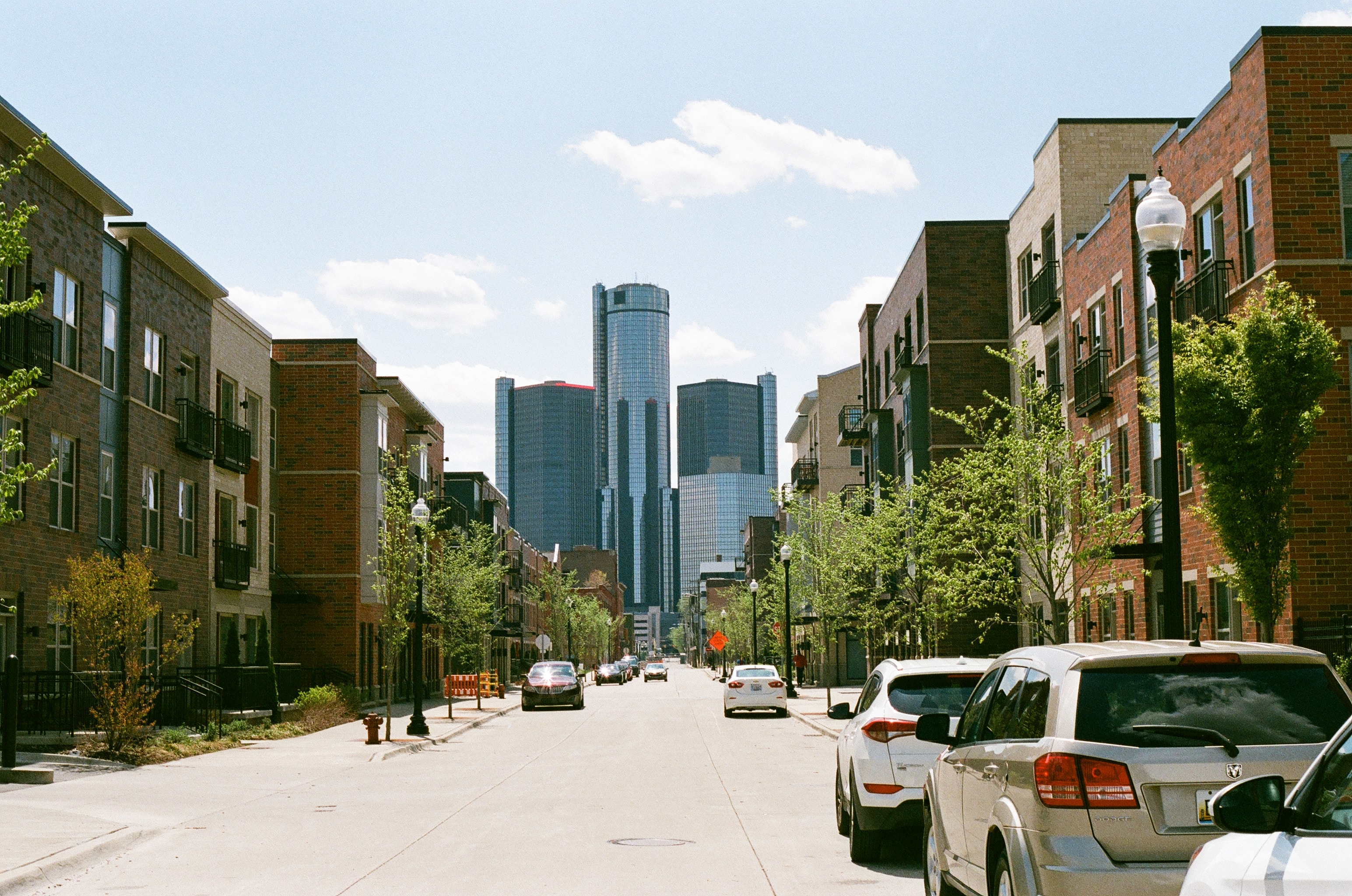 Detroit residential street with Renaissance Center in background
