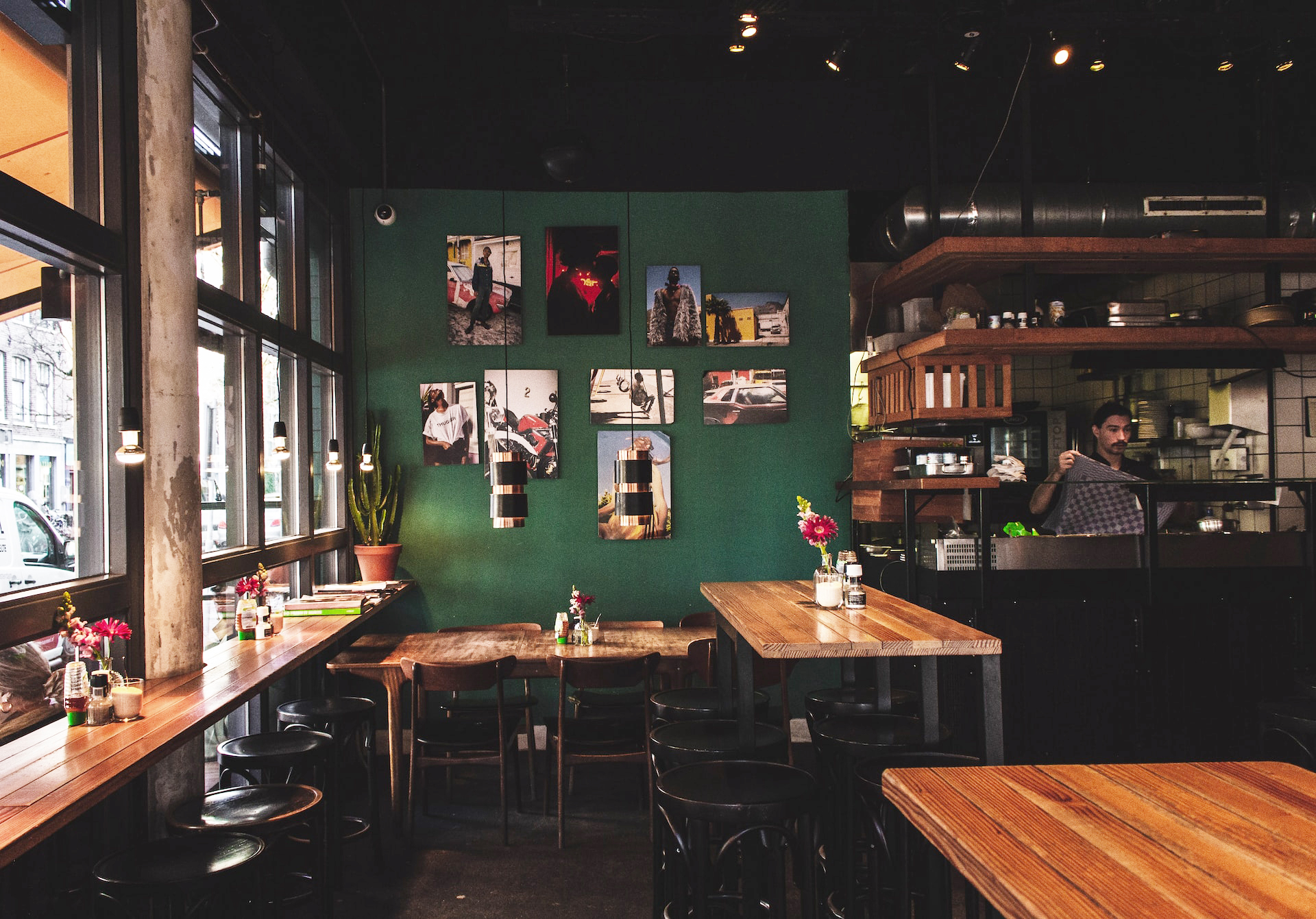 Lone worker in empty restaurant