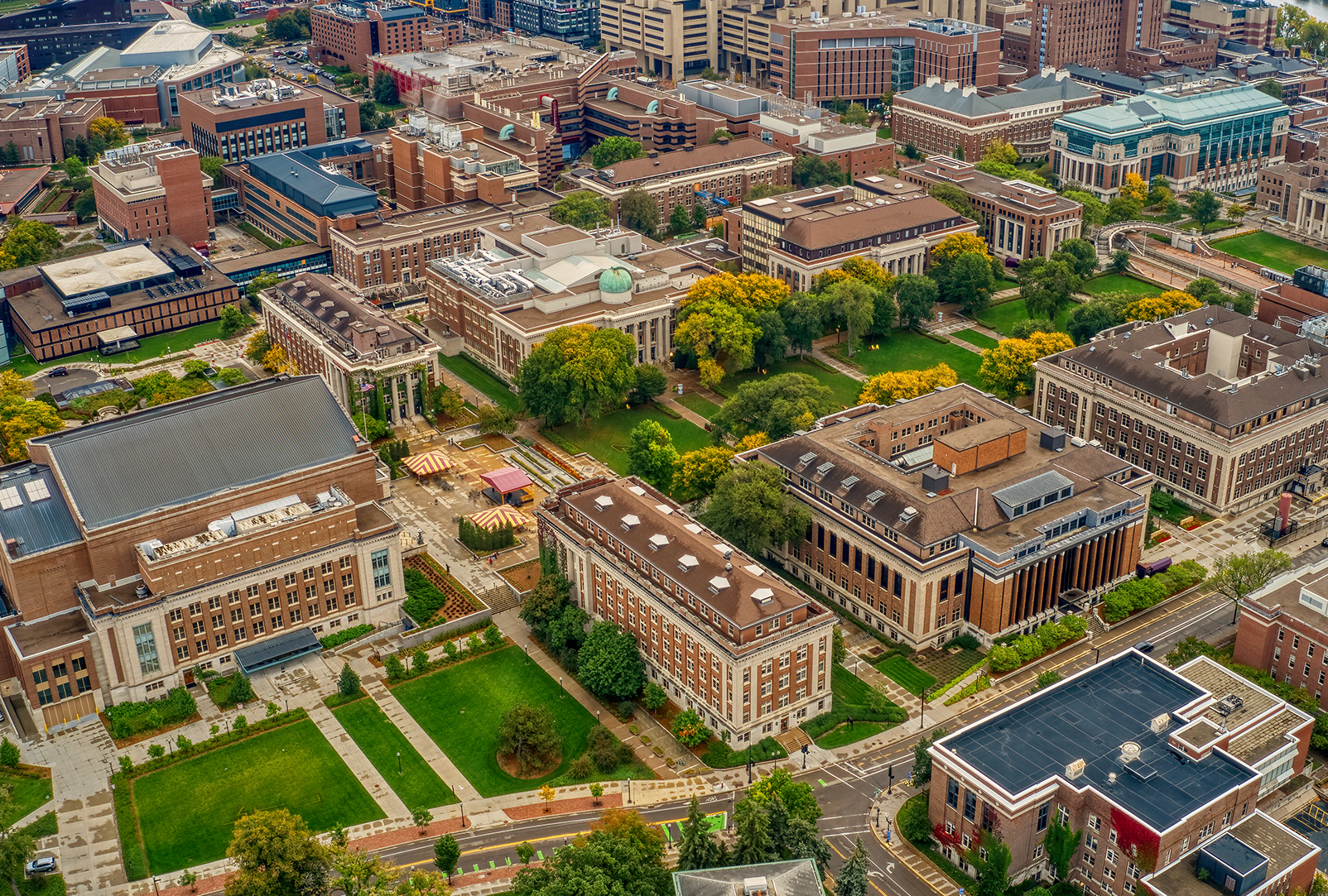 Aerial view of a university campus 