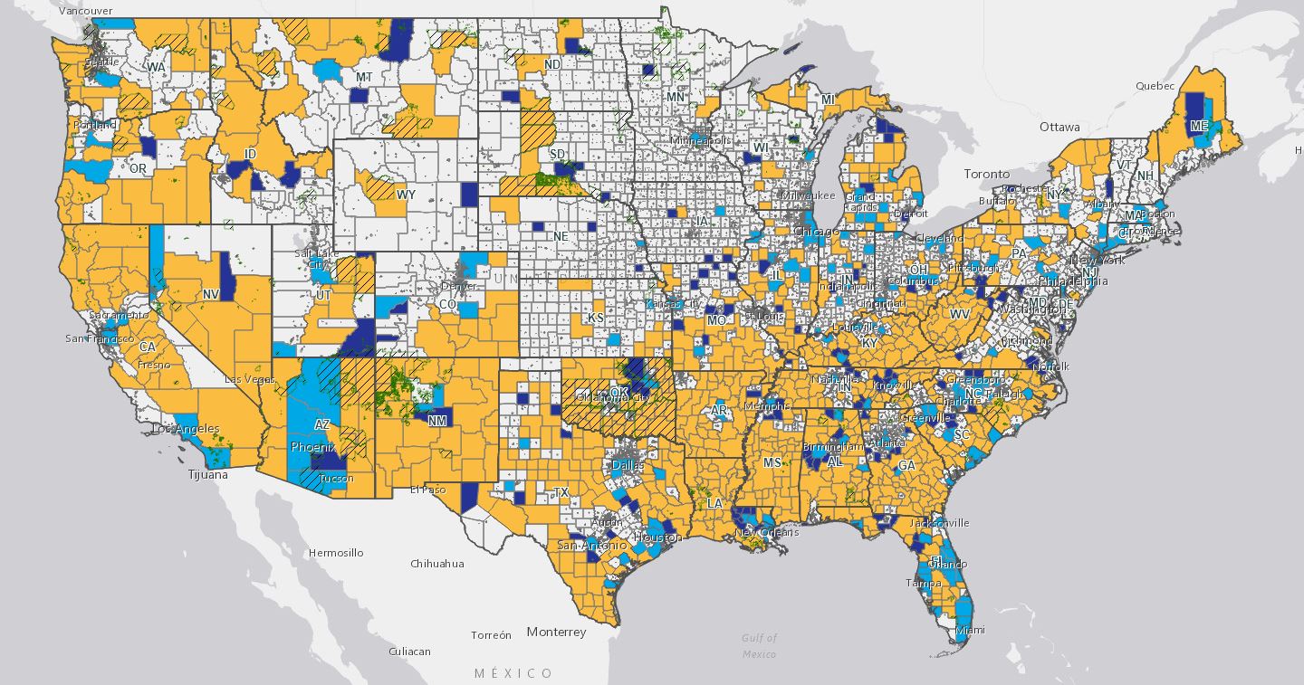 Map of United States showing Recompete Pilot Program eligibility 