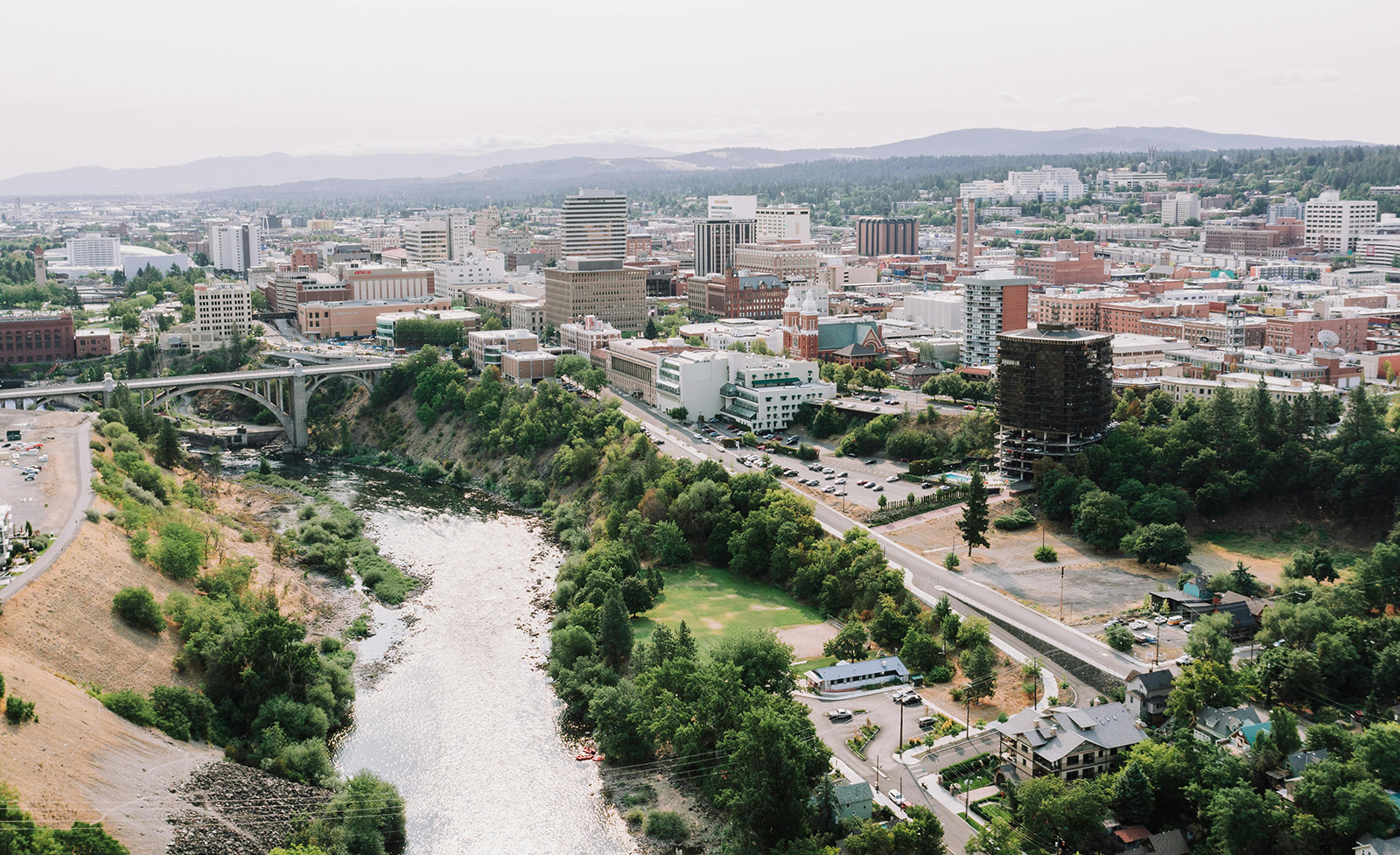 Wide shot of Spokane, in a distressed local labor market, showing Spokane river and downtown. 