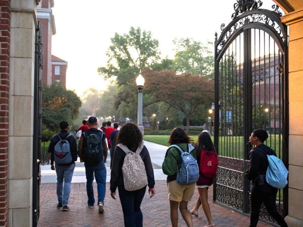 Students walking through a gate on a college campus