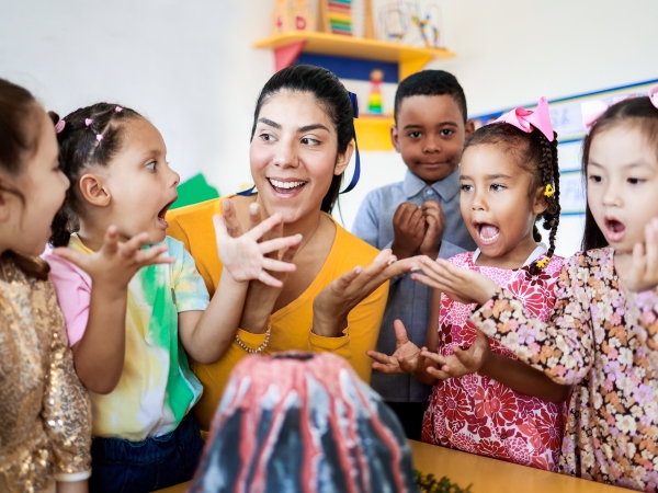 children learning about a volcano