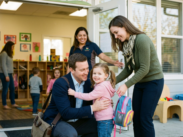 parents dropping child off at day care