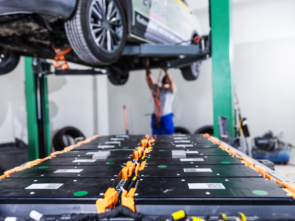 Electric Vehicle Battery Modules in a Professional Auto Repair Shopby thanyapatm