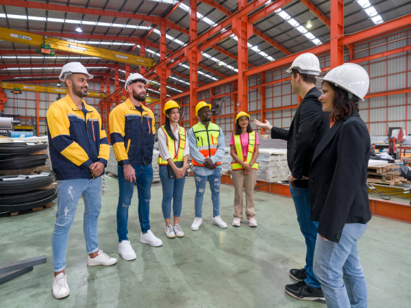 a group of workers speaking together in a factory setting. 