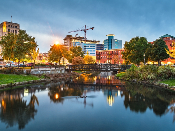 Wide shot of downtown Kalamazoo, Michigan, across Arcadia Creek