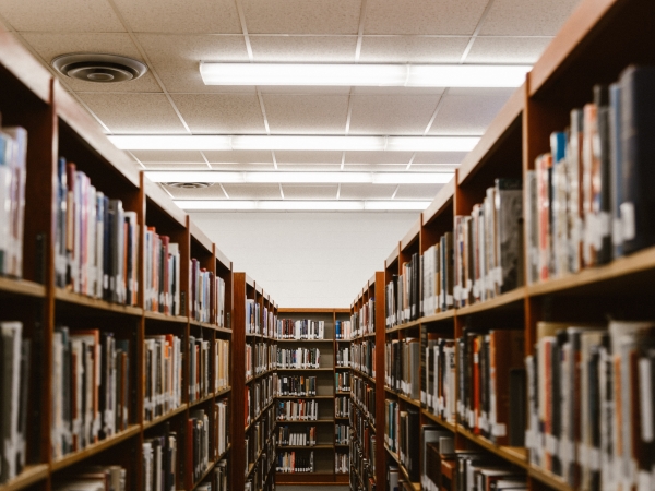 Shelves of books in a college library