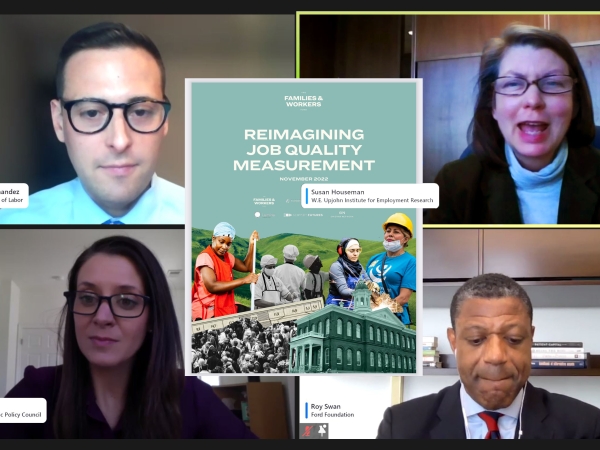 Photo collage showing Susan Houseman at launch panel, with cover of "reimagining job quality measurments" cover superimposed