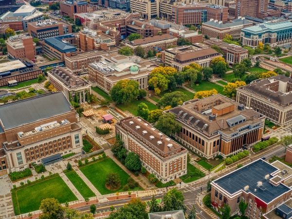 Aerial view of a university campus 