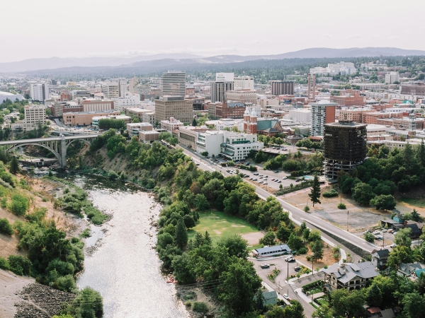 Wide shot of Spokane, in a distressed local labor market, showing Spokane river and downtown. 