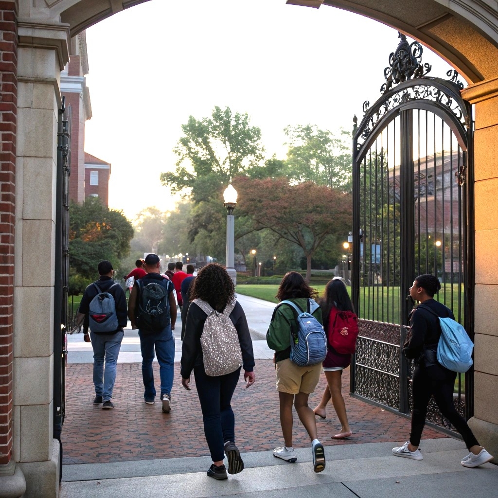 Students walking through a gate on a college campus