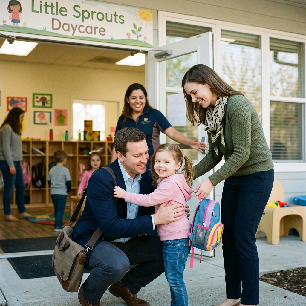 parents dropping child off at day care