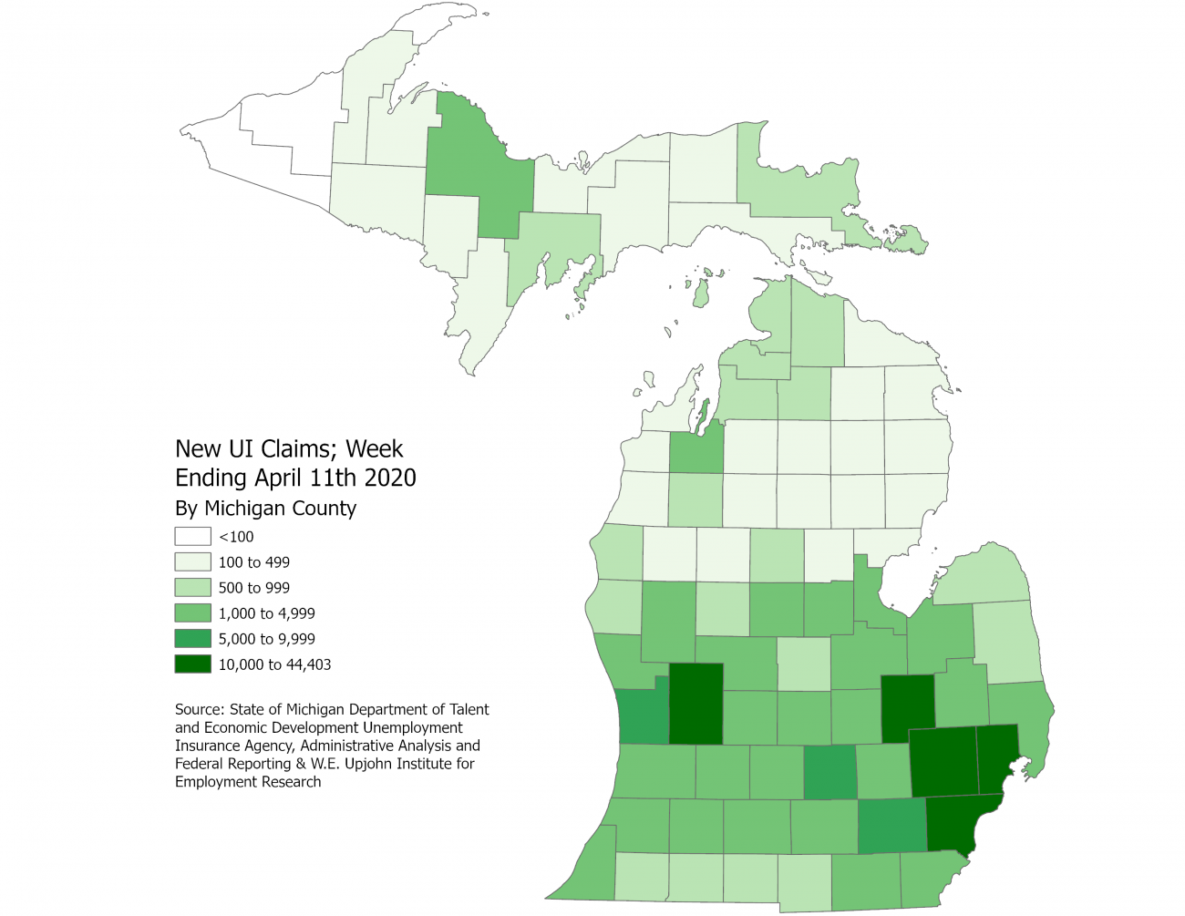Michigan county initial claims map