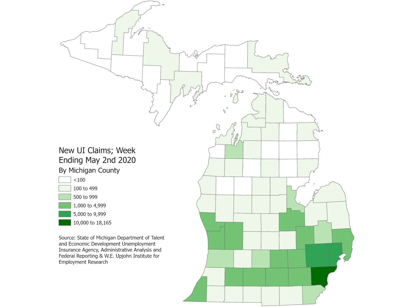 Michigan map of initial UI claims by county