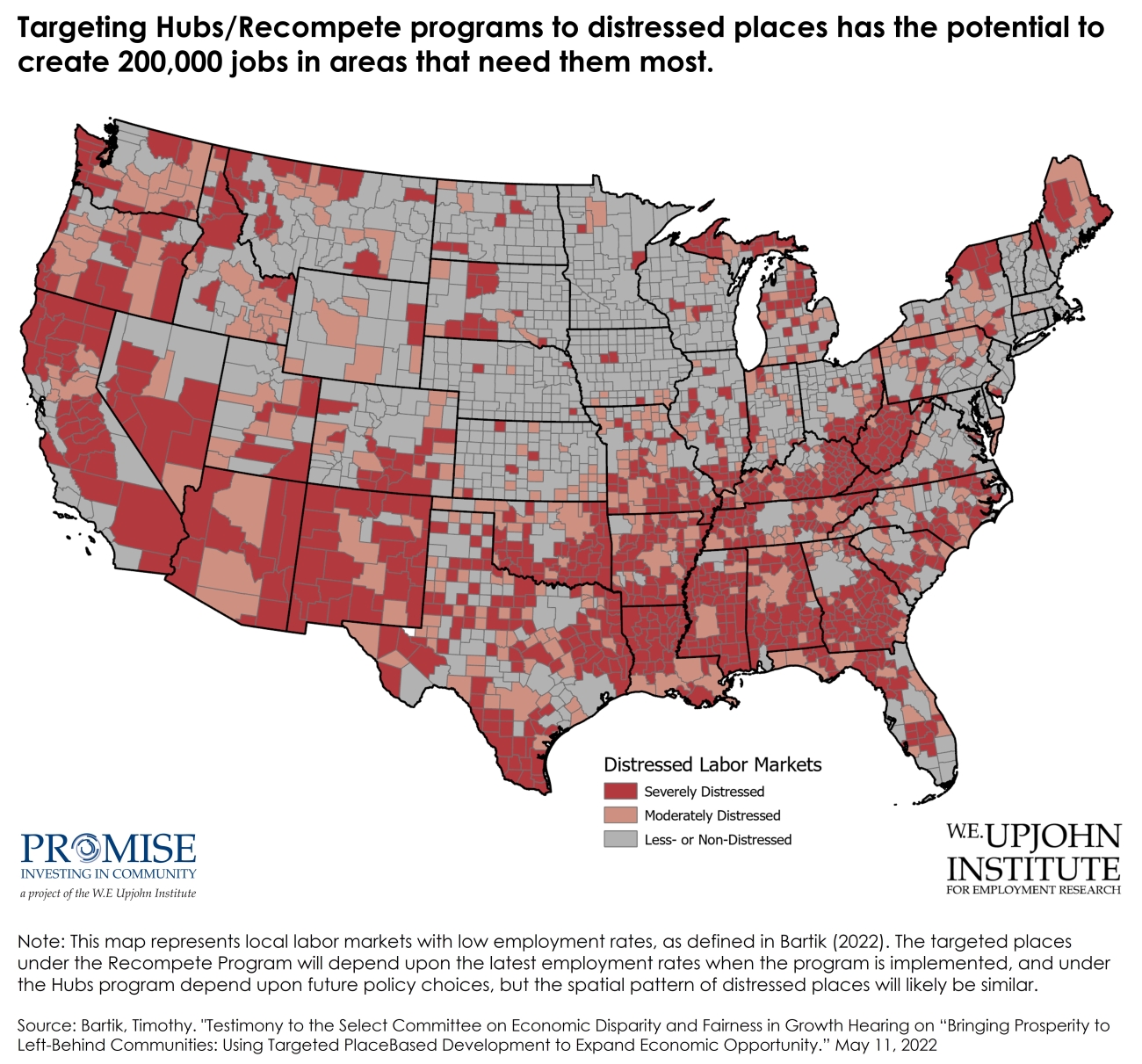 Map showing local labor markets with low employment rates in the contiguous U.S. 
