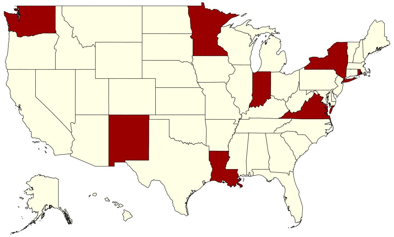 Map showing states that met eligibility requirements in 2021 that will no longer be in compliance: WA, MN, NM, LA, IN, NY, VA, RI